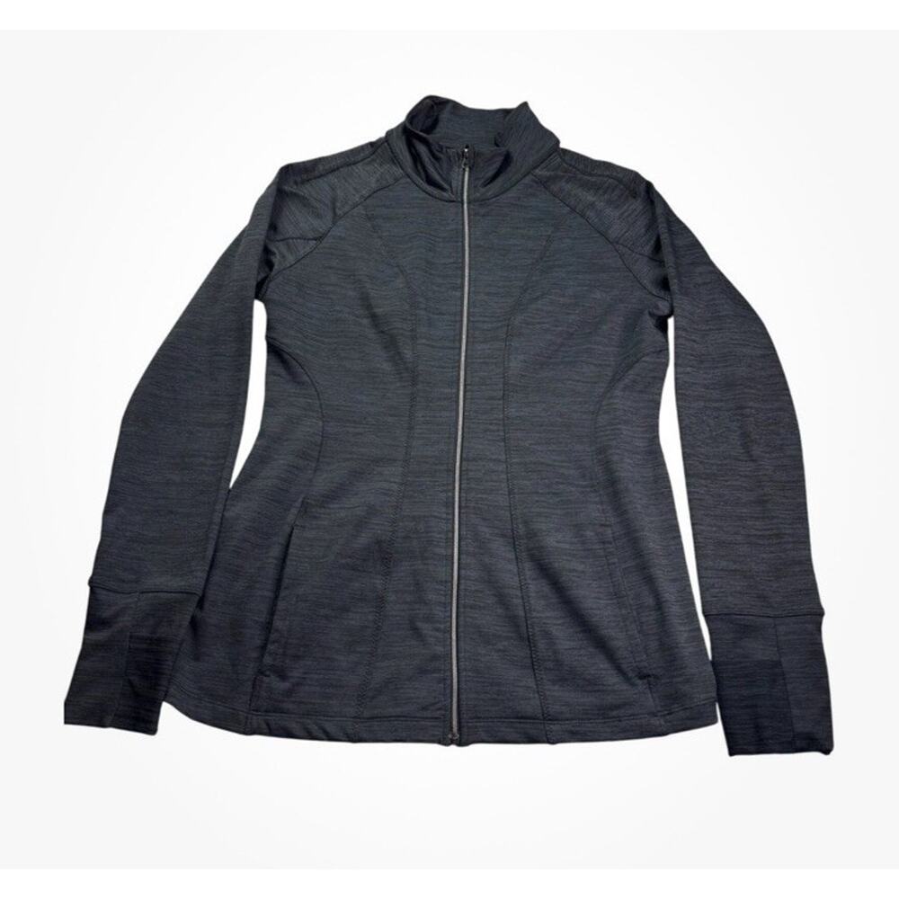 Apana Womens Athletic Full Zip Jacket Size L Black Grey Thumbholes Activewear